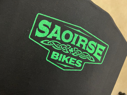 Black t-shirt with green 'Saoirse Bikes' logo